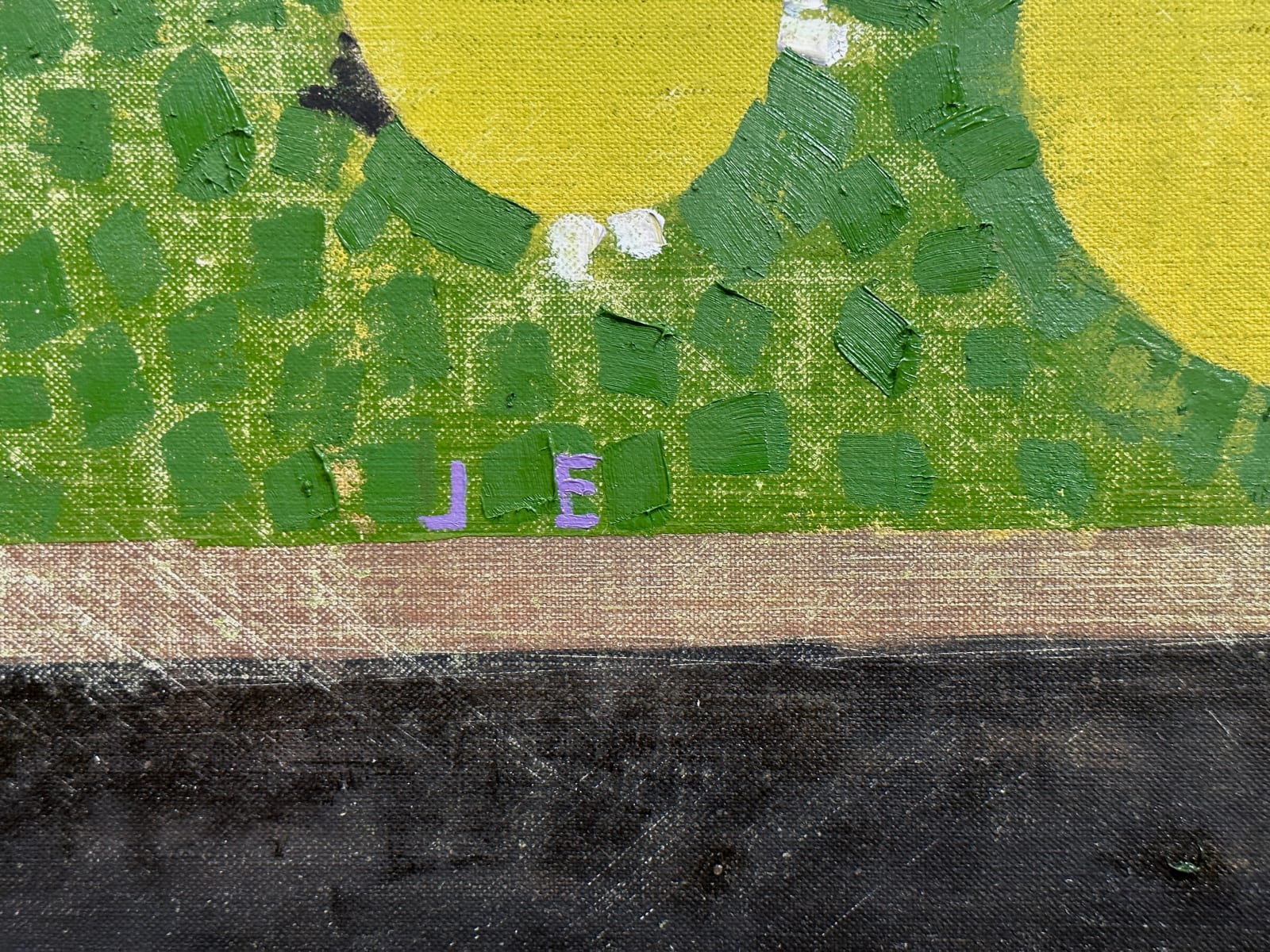 Abstracted painting of yellow leaves on a green speckled background