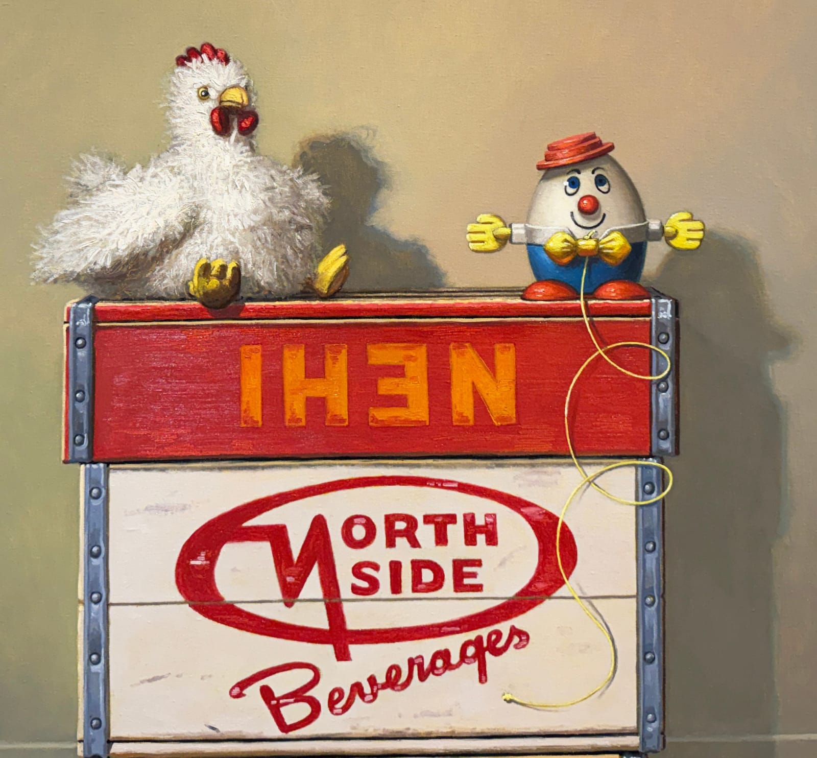 Still life painting of a toy chicken and an egg