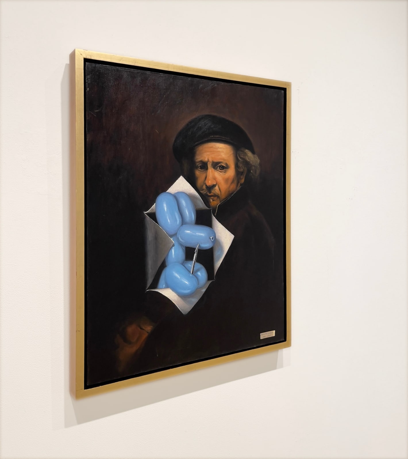 Trompe l'œil painting of a balloon dog cutting through a Rembrandt portrait