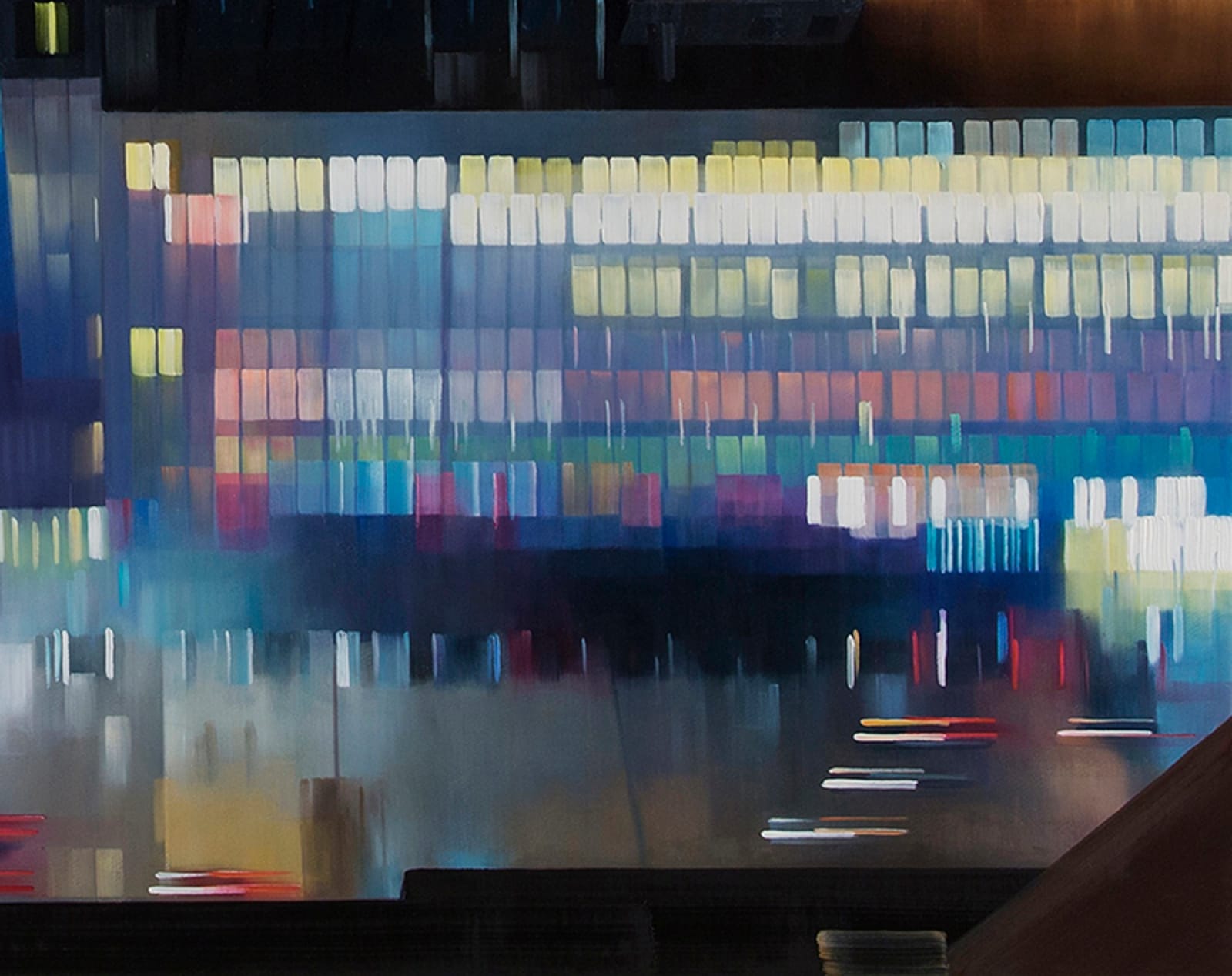 Oil painting of aerial view looking over building edge on linen