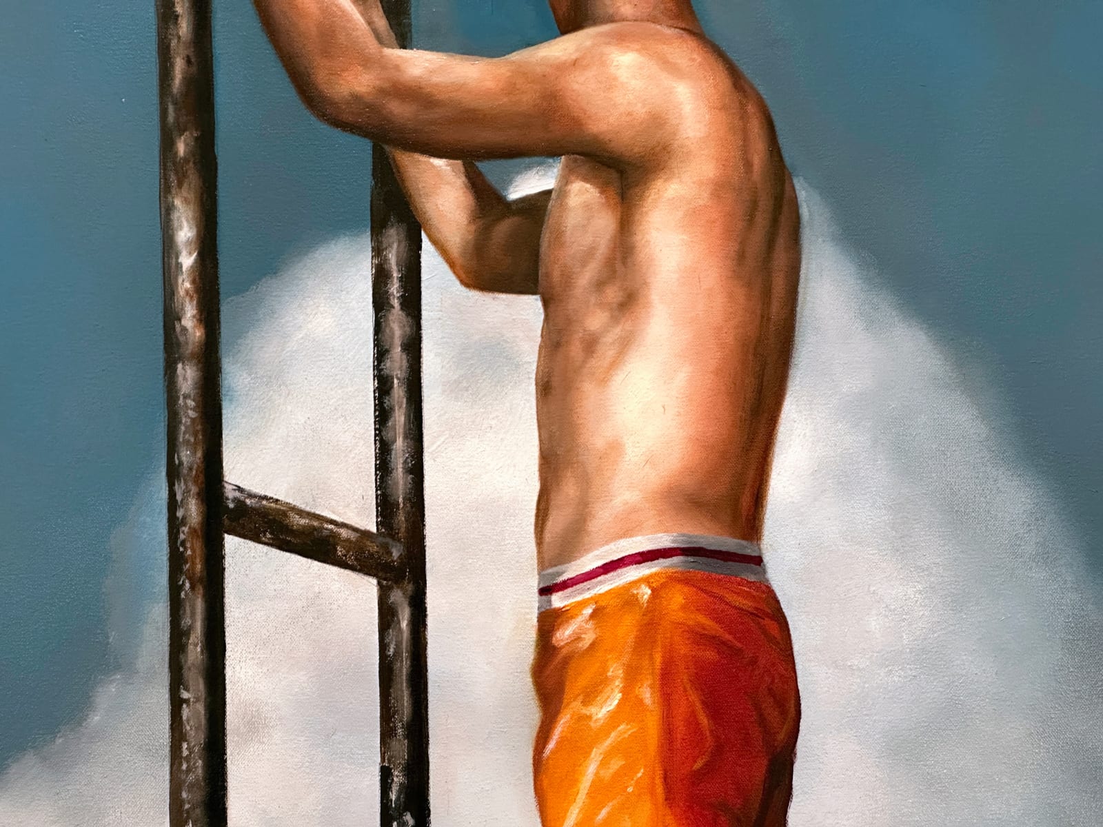Man in orange bathing suit shorts standing on a small diving board in the skyMan in orange bathing suit shorts standing on a small diving board in the sky