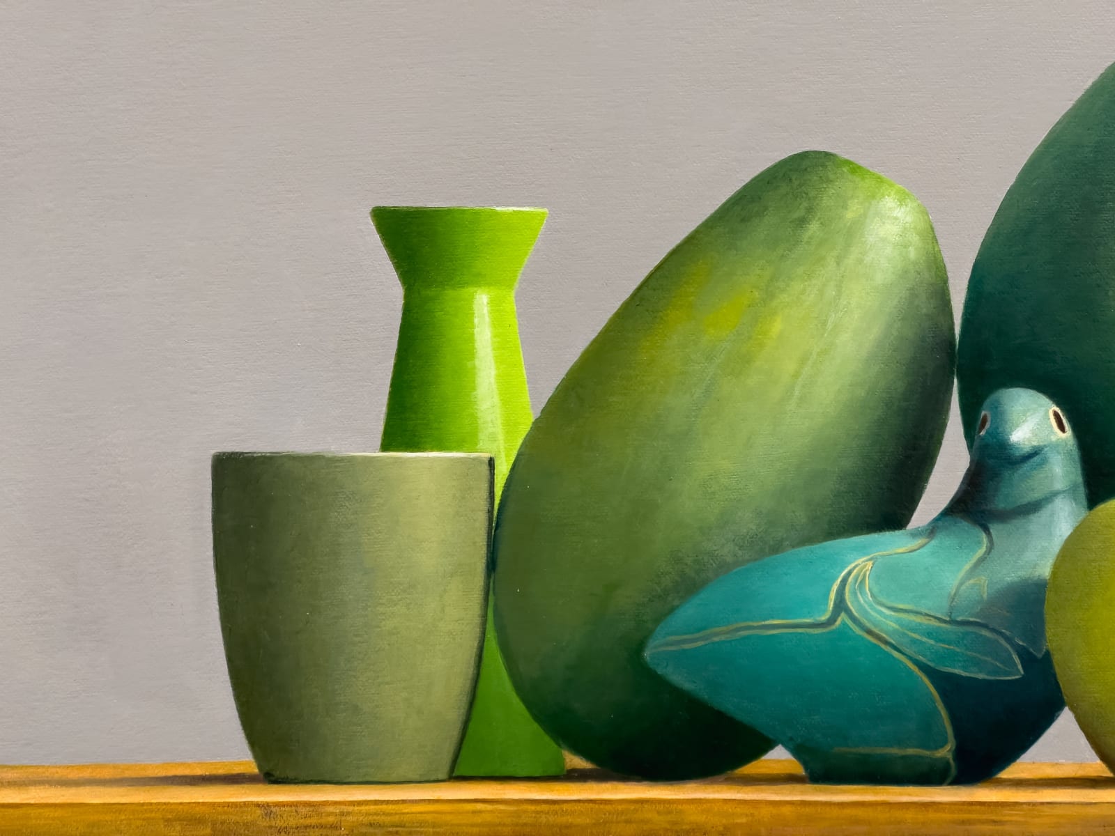 Painting of green cups and fruit on a table top