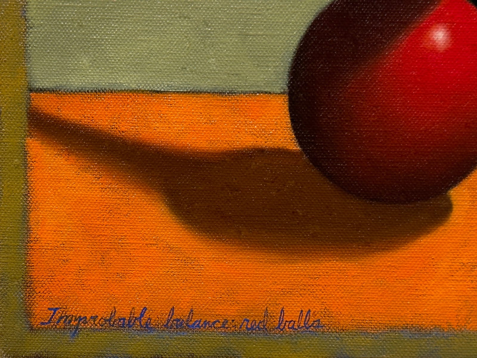 Painting of a still life with a bird on three red balls