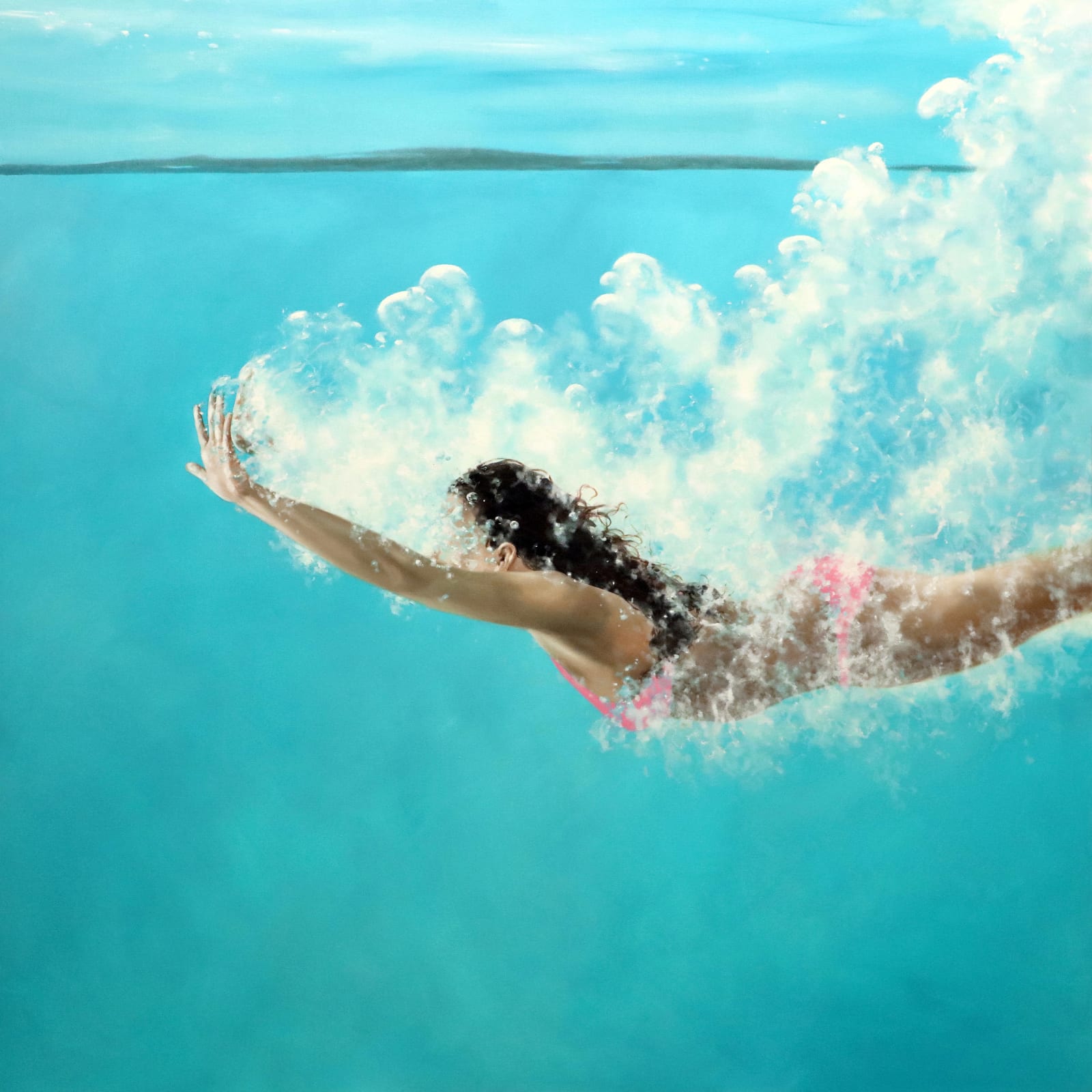 Painting of a woman in a pink bathing suit swimming
