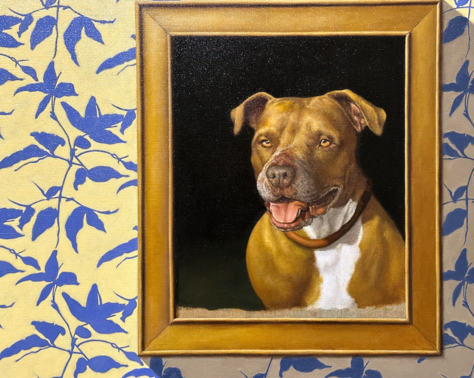 Painting depicting a framed image of a dog on blue floral wallpaper