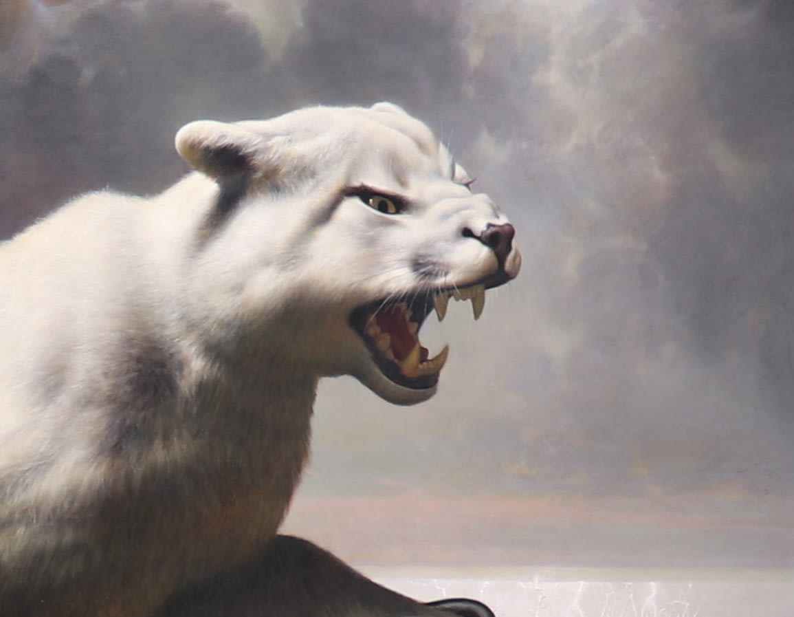 Oil painting of Lynx grabbing electrical wire with lightning in dark clouds on panel