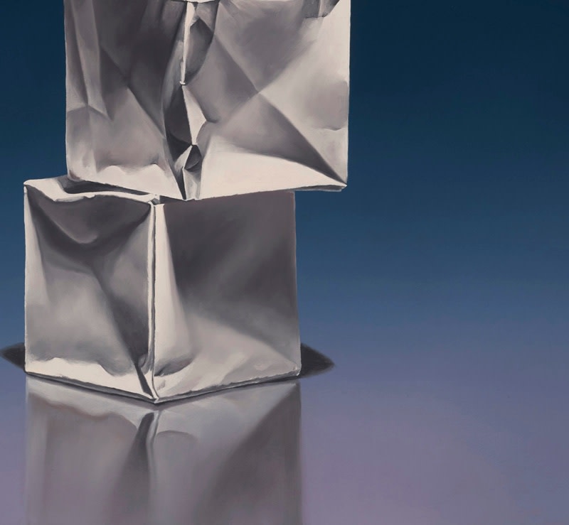 Detail of Offset column of 4 origami paper cubes with purple blue and black background