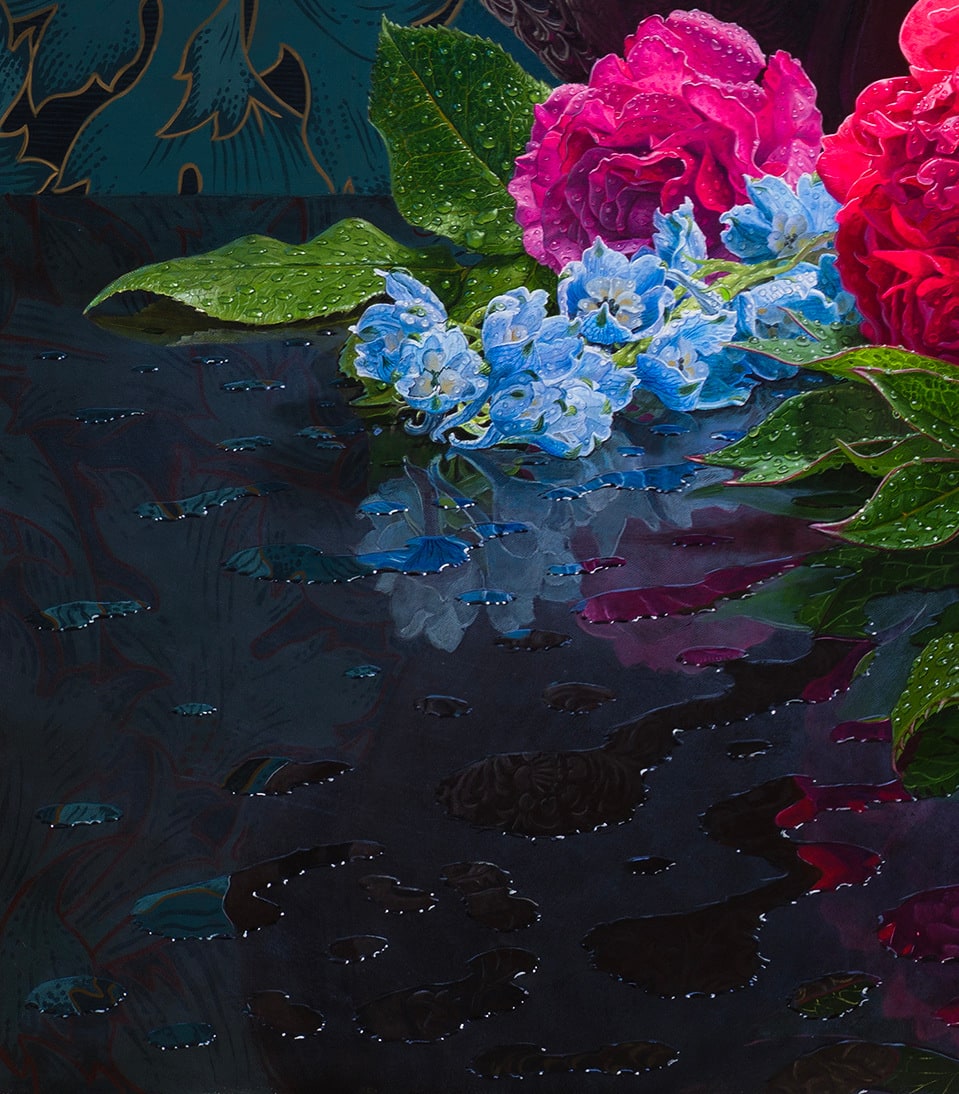 Painting of flowers spilling out of a vase