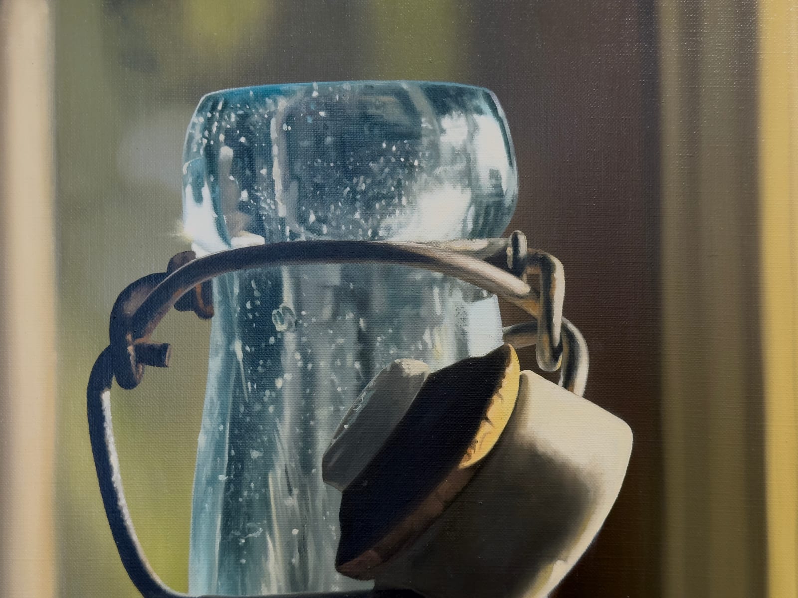 Painting of oversize glass bottle in front of a glass window pane