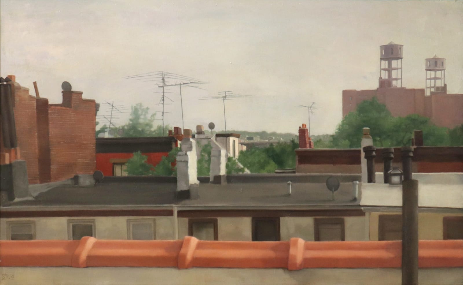 Oil painting of view from Brooklyn roof on panel