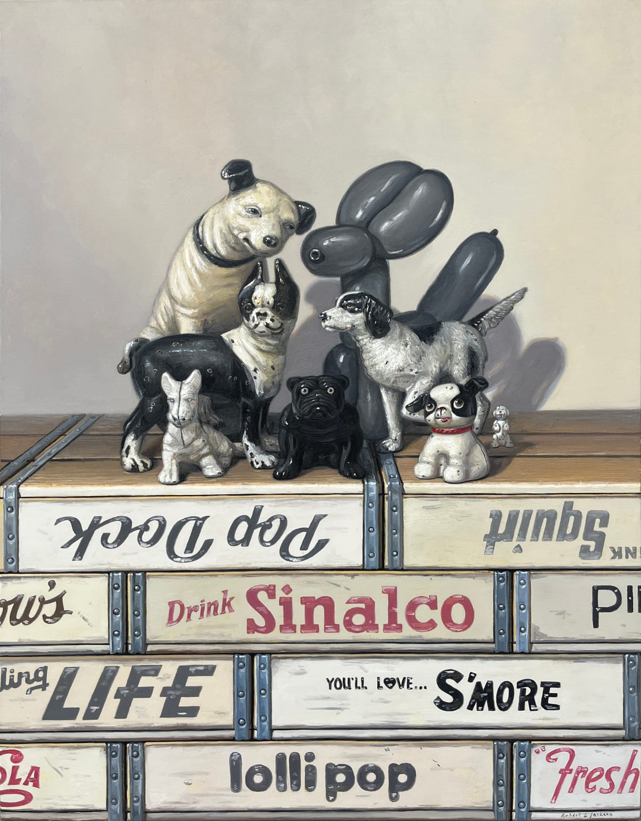 Painting of black and white dog figurines on top of black and white wooden soda crates