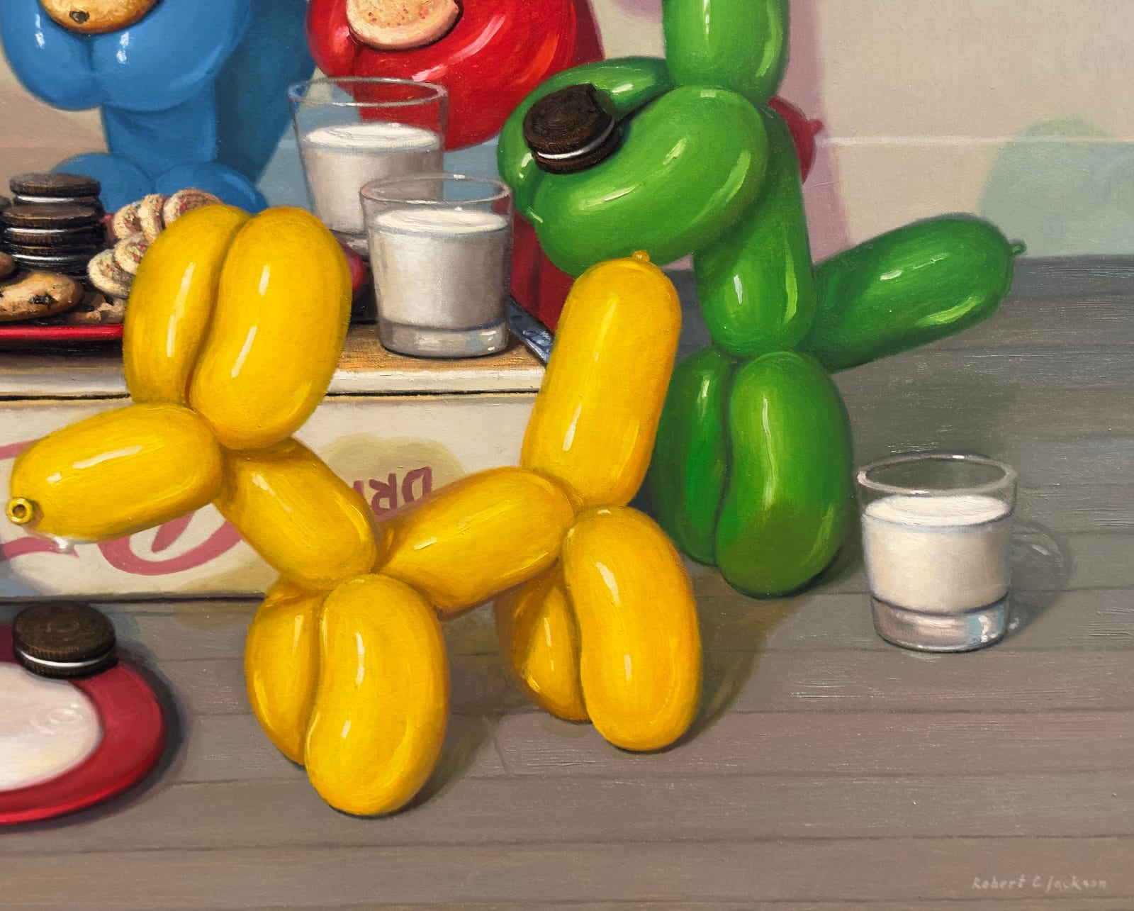 Painting of balloon dogs pretending to dine on cookies and milk