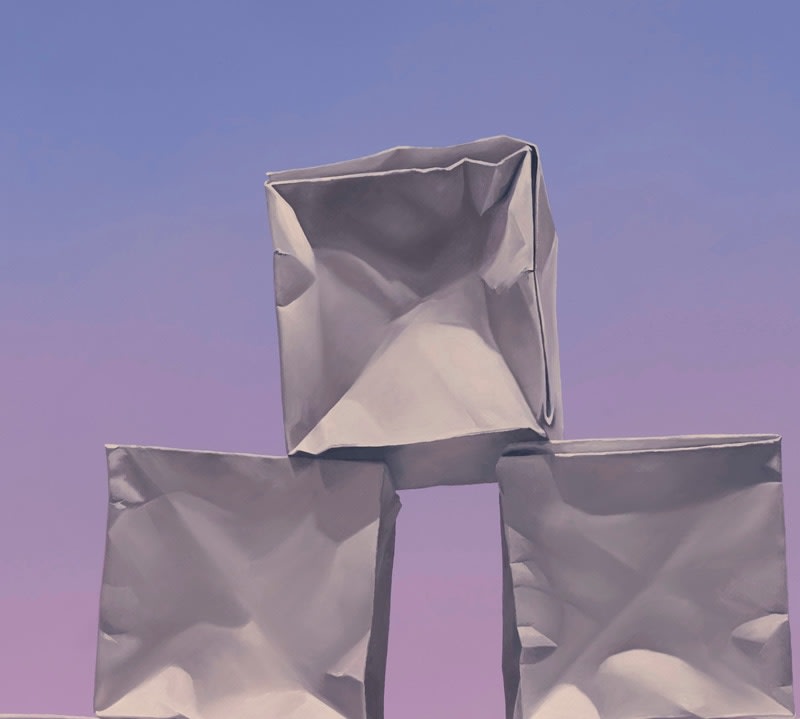 Spaced pyramid of origami paper cubes before a pink and purple background