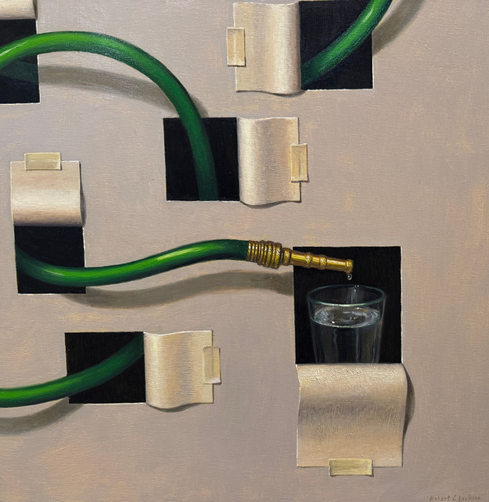 Painting of a hose winding through paper cut outs