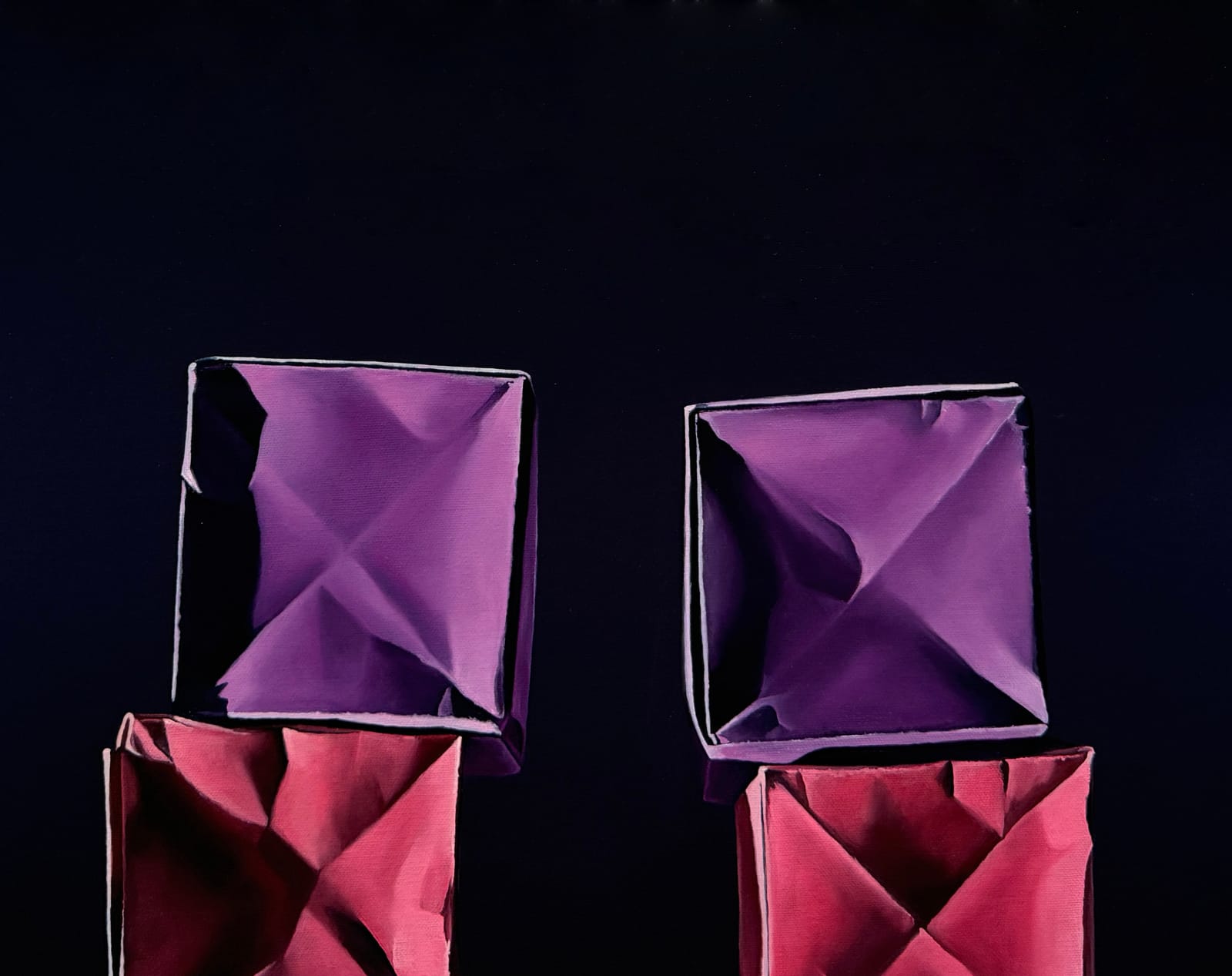 Paper boxes in two stacks on a purple to orange gradient