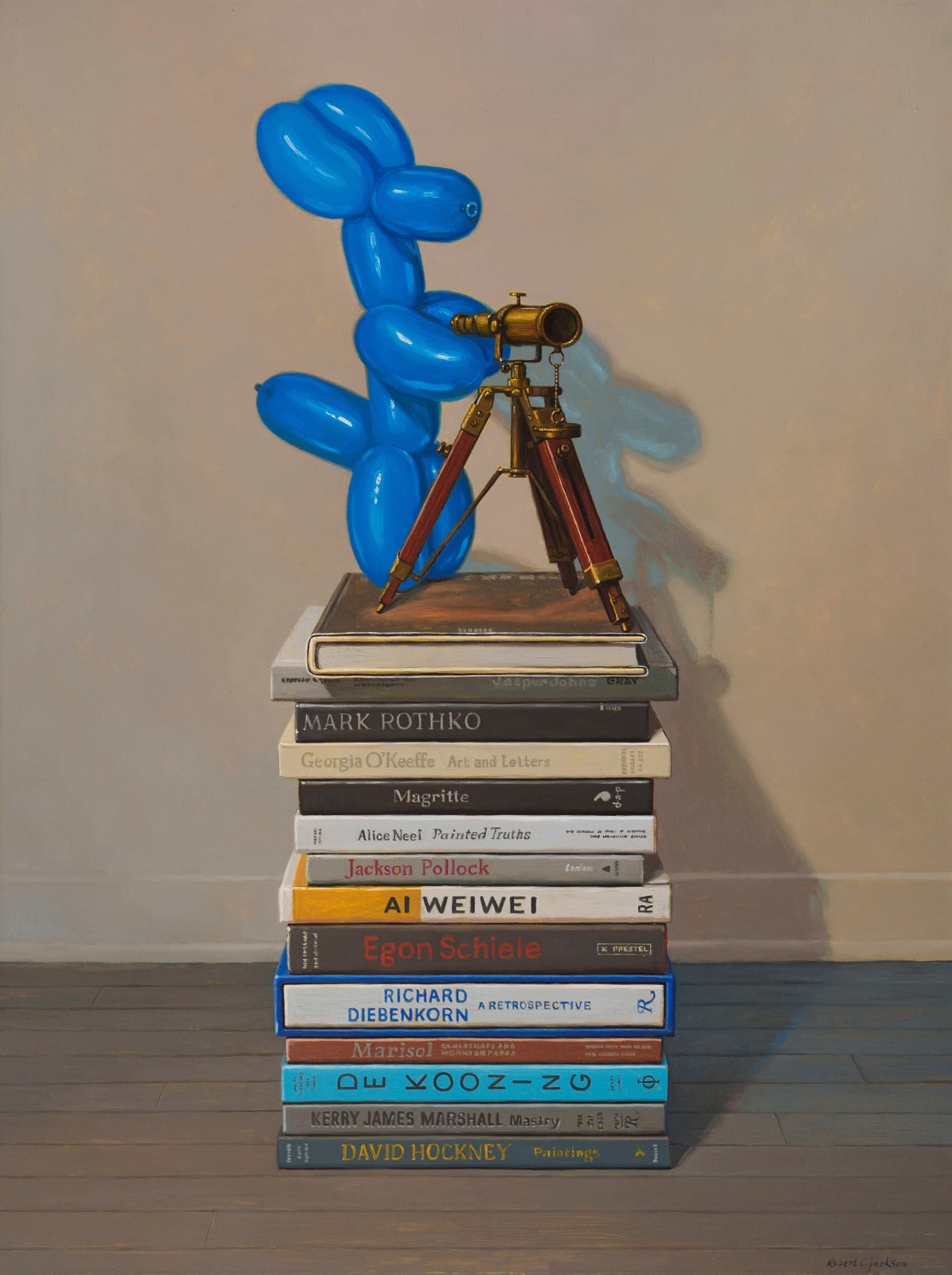 Painting of blue balloon dog on top of a stack of art books