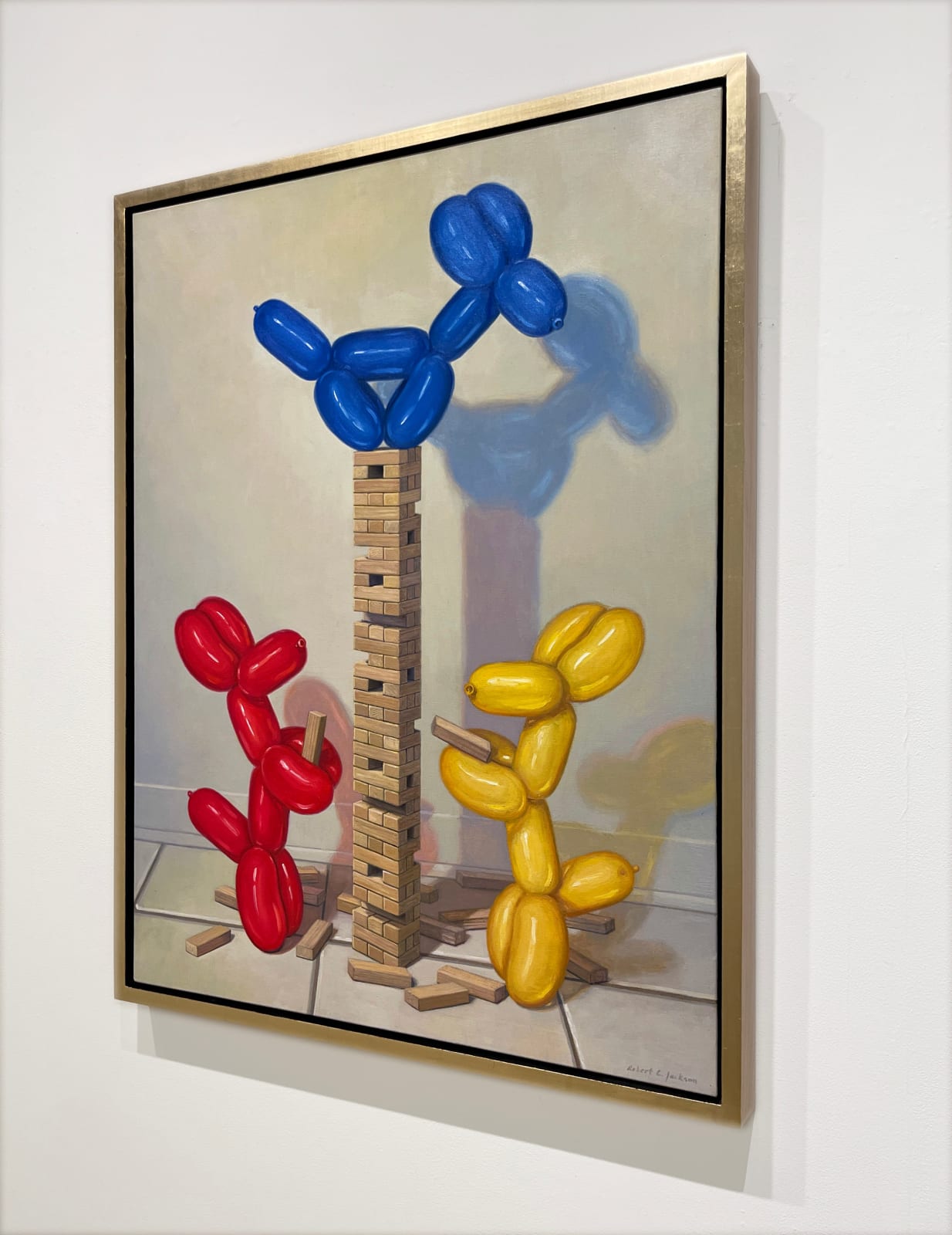 Painting of three balloon dogs playing a game