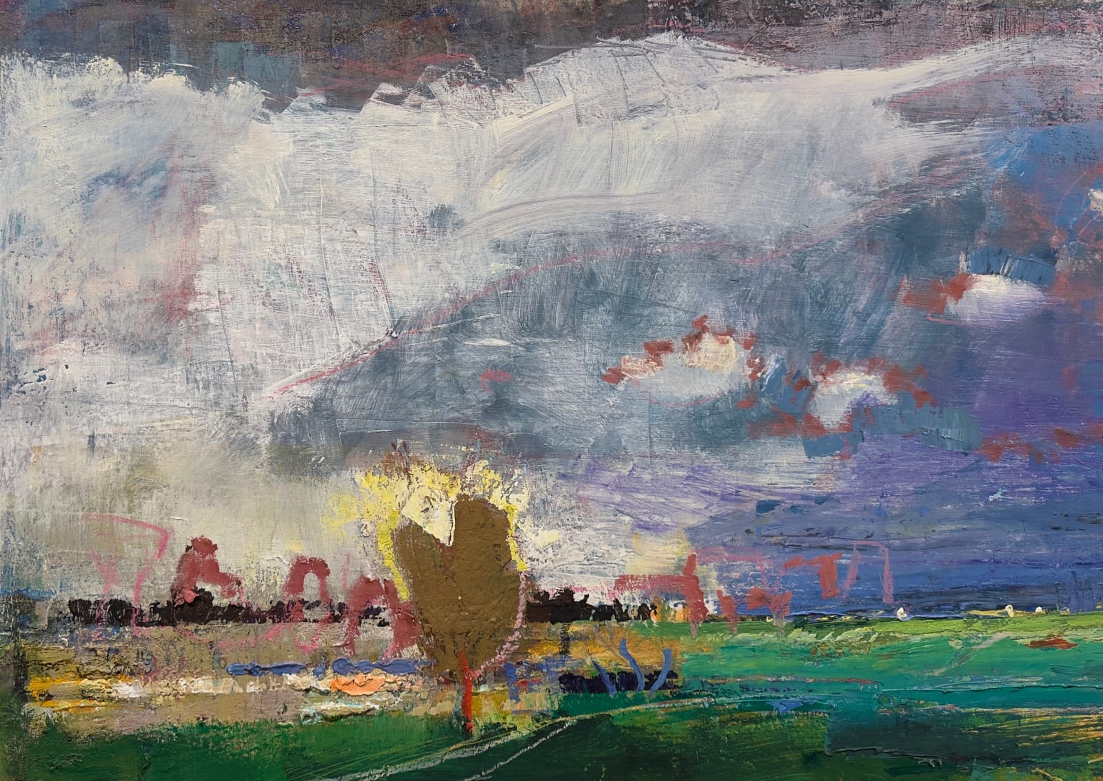 Painting of a beach and countryside landscape