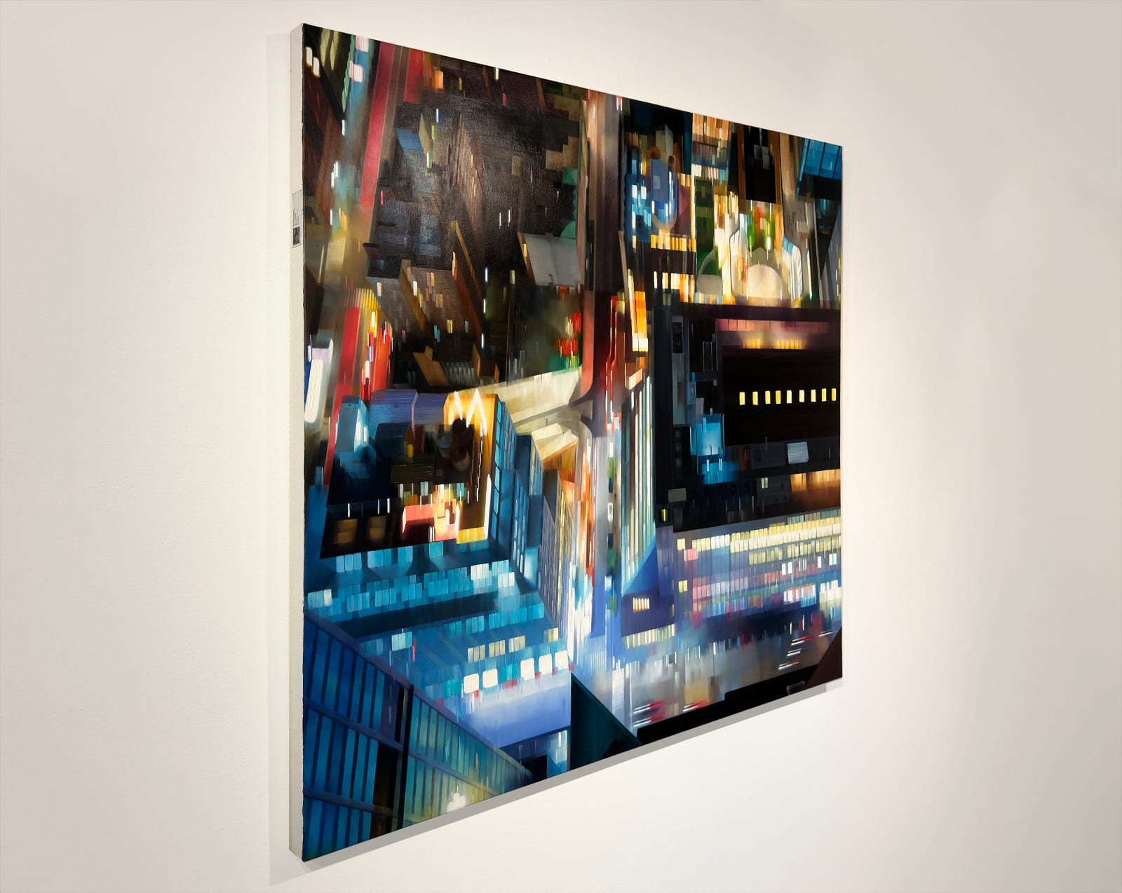 Oil painting of aerial view looking over building edge on linen