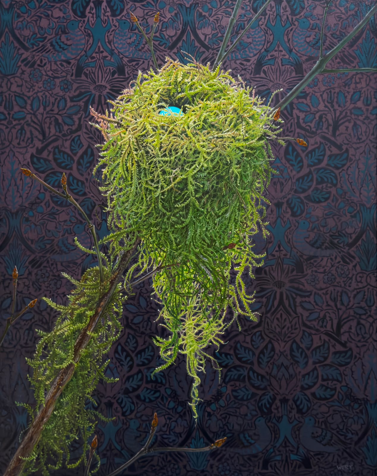 Painting of a moss nest with blue egg in it