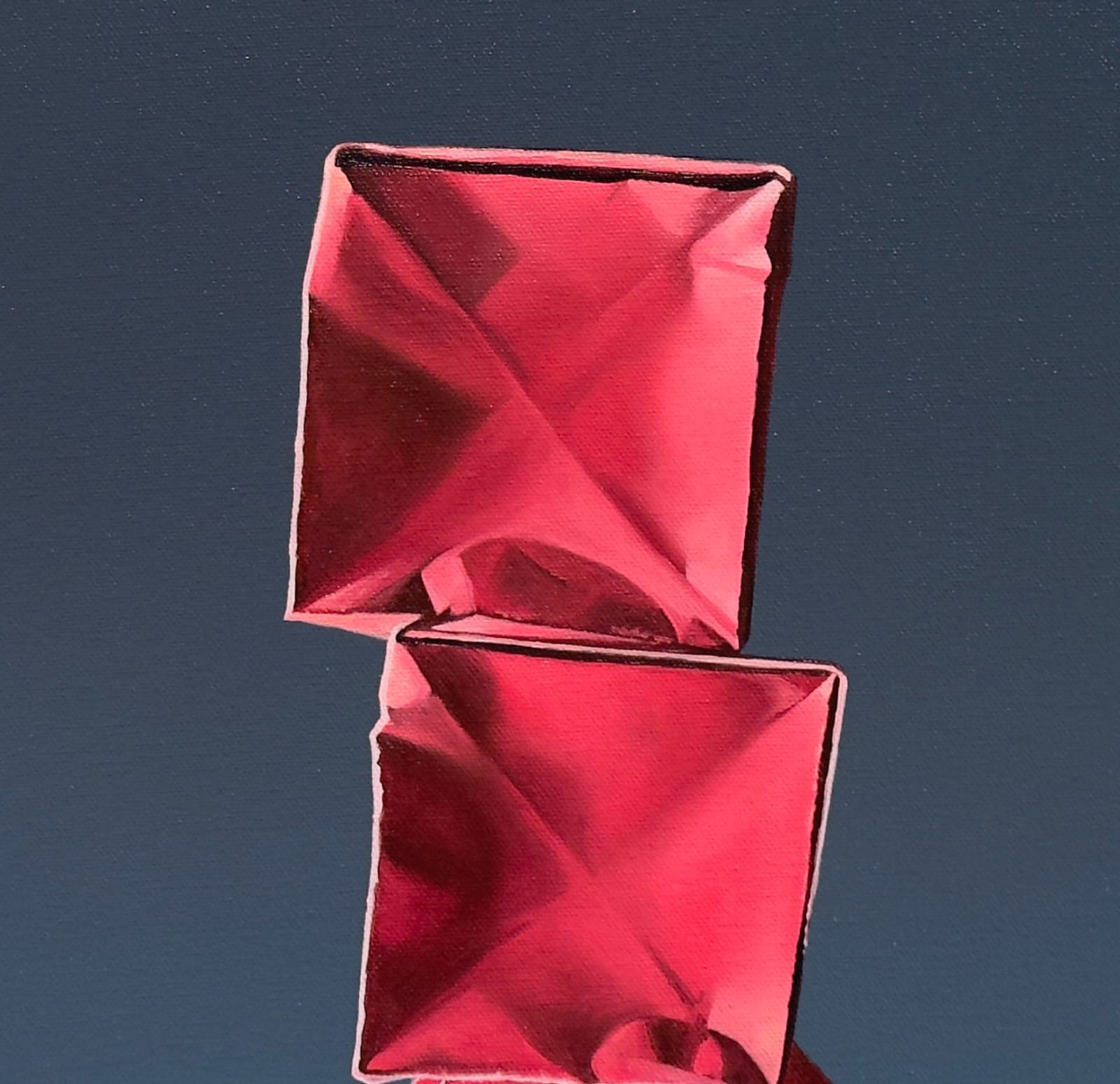 Painting of a stack of pink magenta boxes on a blue/gray gradient background