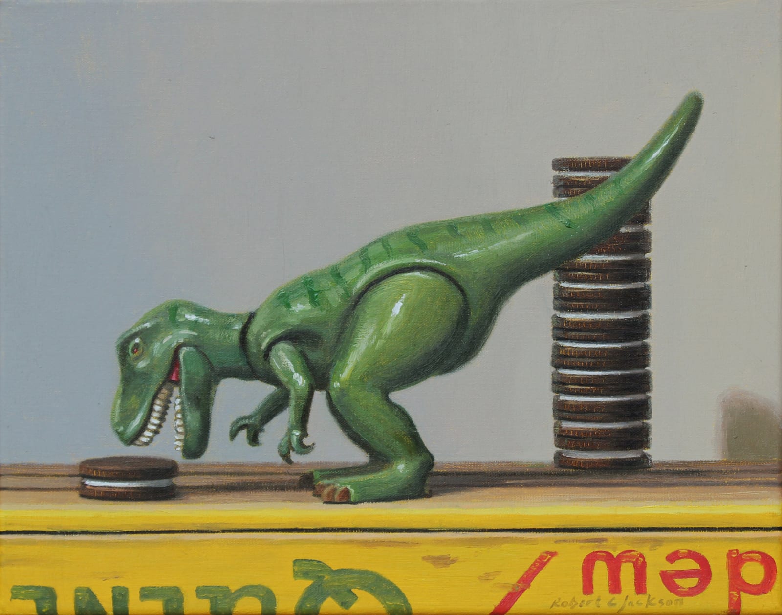Painting of a toy dinosaur eating oreos