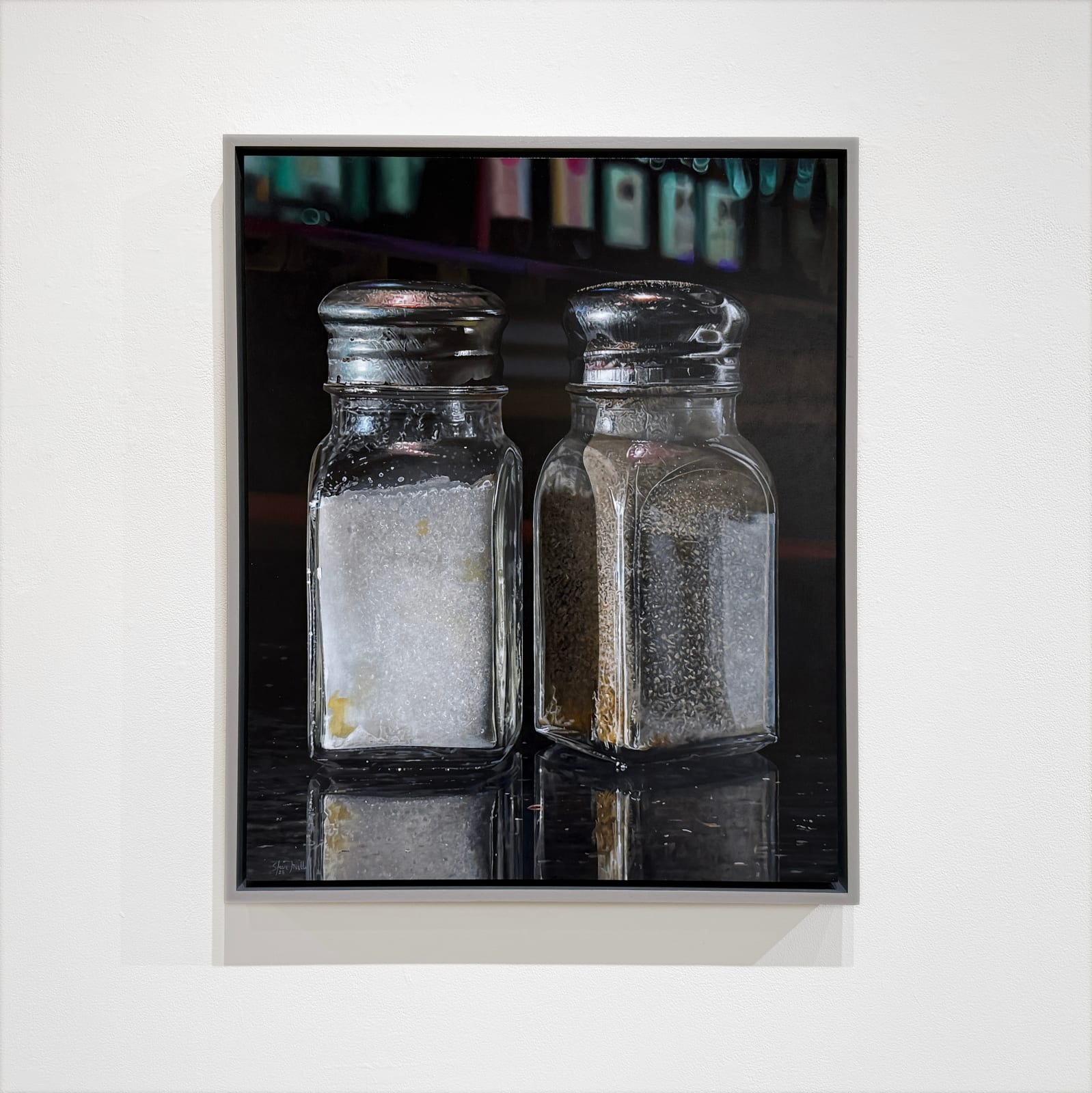 Painting of a salt and pepper shaker sitting on a bar