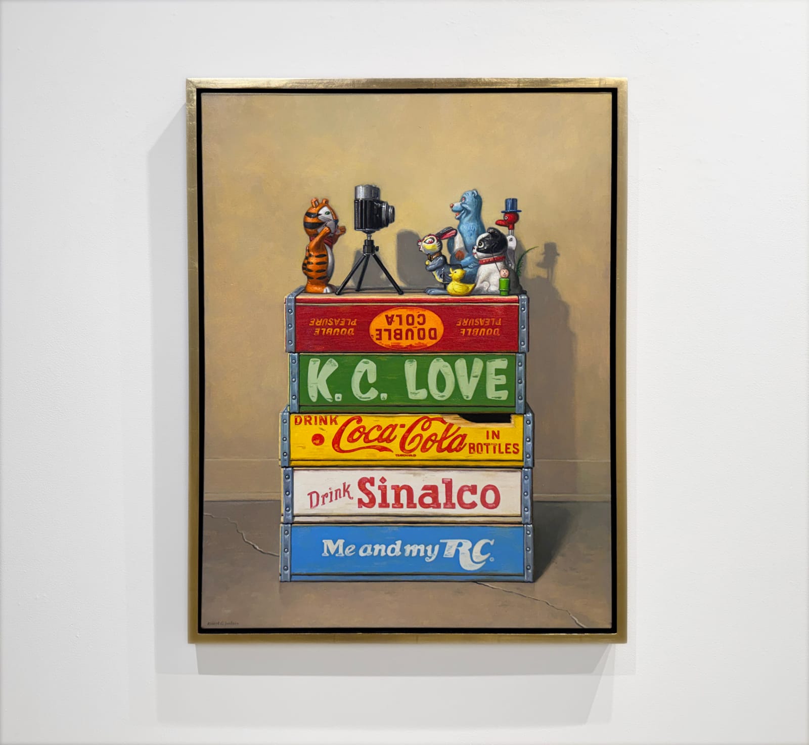 Still life painting with toys on soda boxes