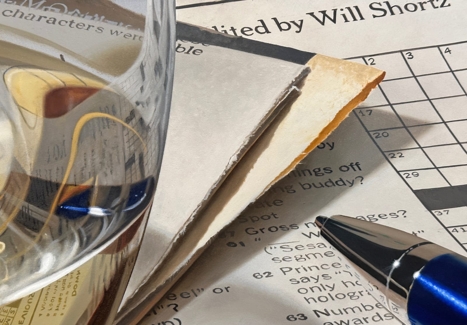Photorealistic painting of pen, crossword puzzles, and glass of white wine