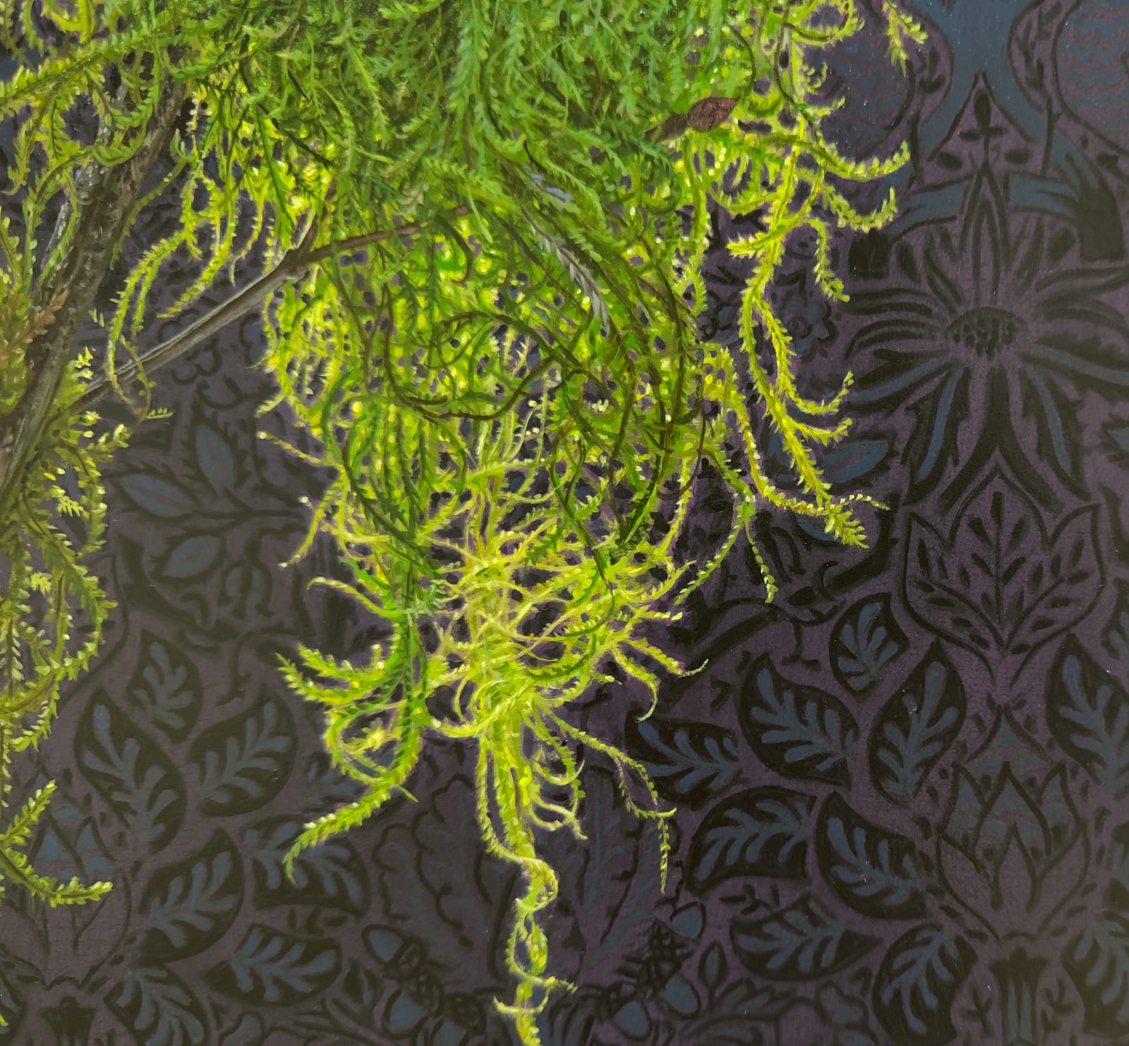 Painting of a moss nest with blue egg in it