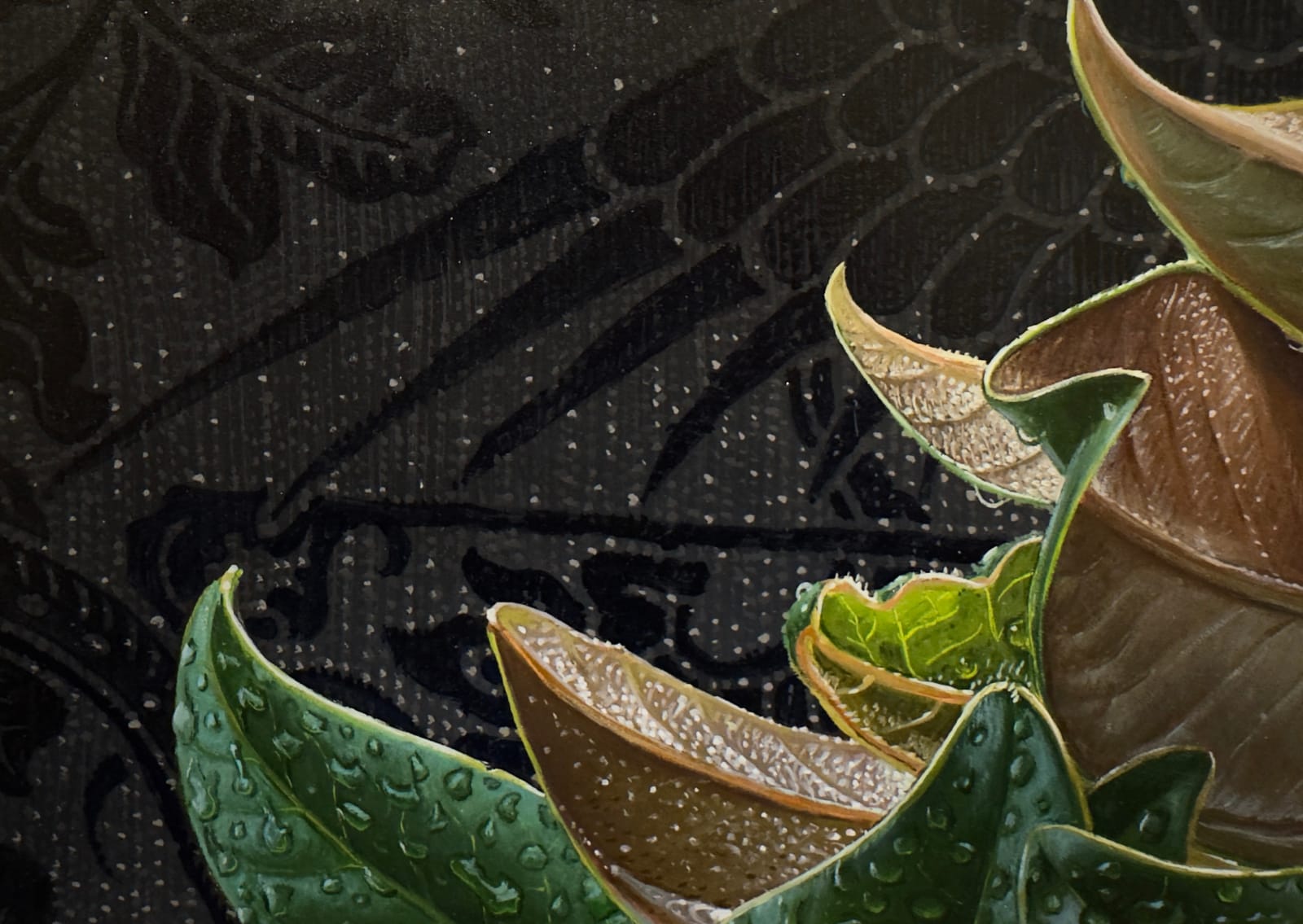 hyper-realistic painting of a single magnolia blossom that has fallen onto a reflective ground. Water droplets and small puddles reflect the flower.