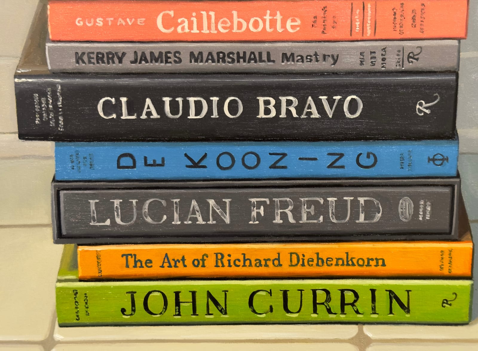 Still life painting of a flowerpot with paint brushes in it atop a stack of books