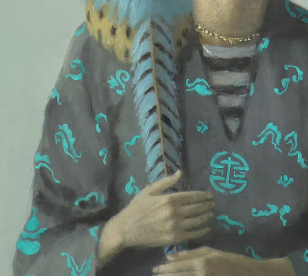 Detail of Woman's robe and pheasant tail