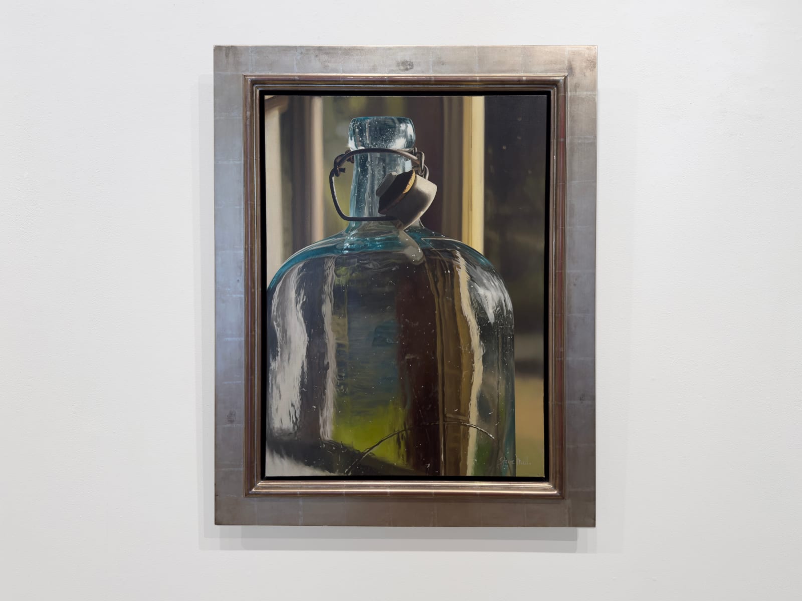 Painting of oversize glass bottle in front of a glass window pane