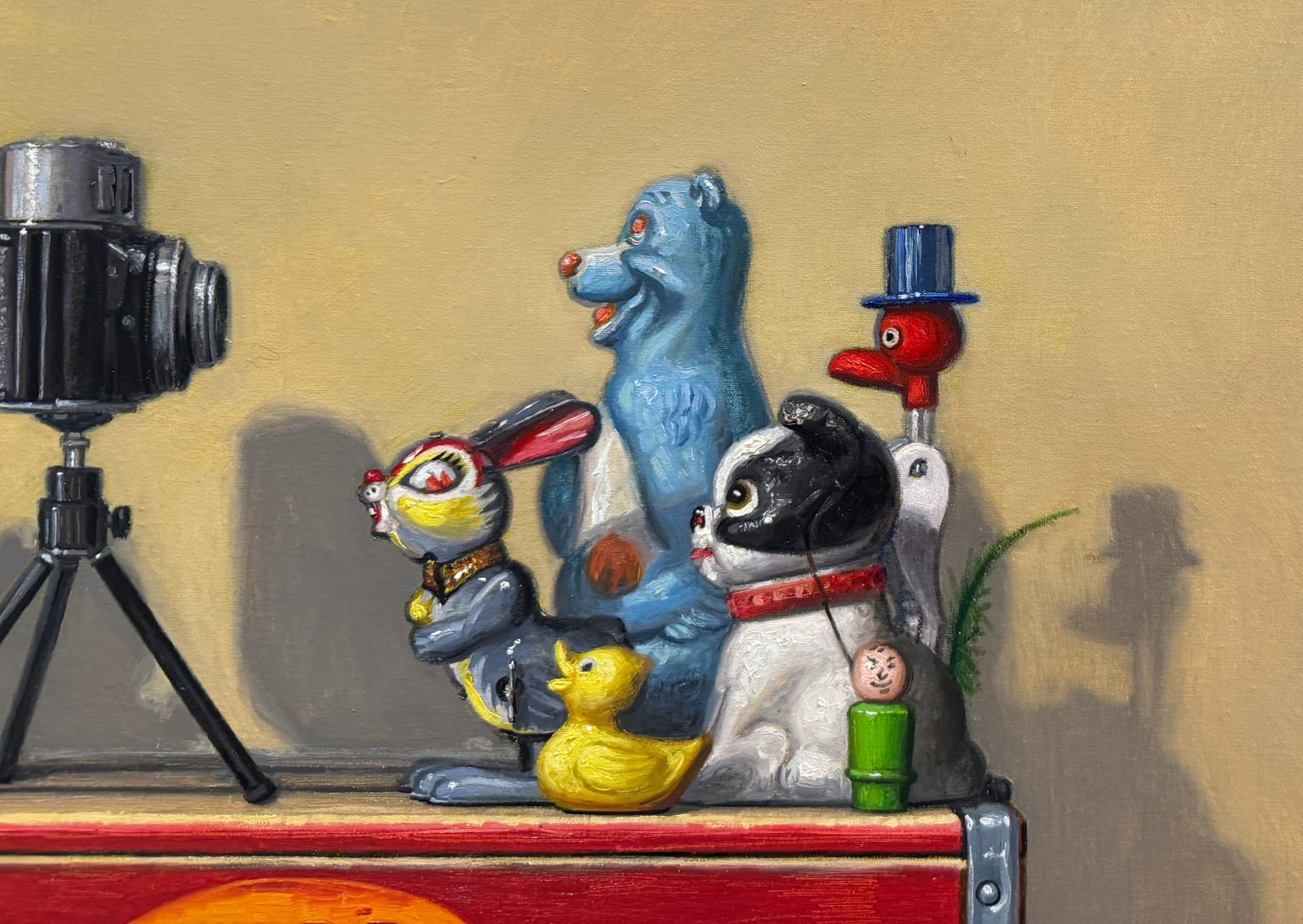 Still life painting with toys on soda boxes