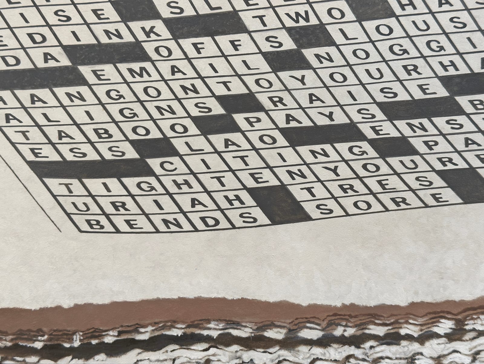 Photorealistic painting of pen, crossword puzzles, and glass of white wine