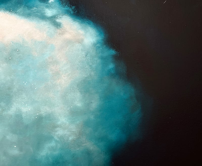 Large plume of bubbles before dark background on canvas