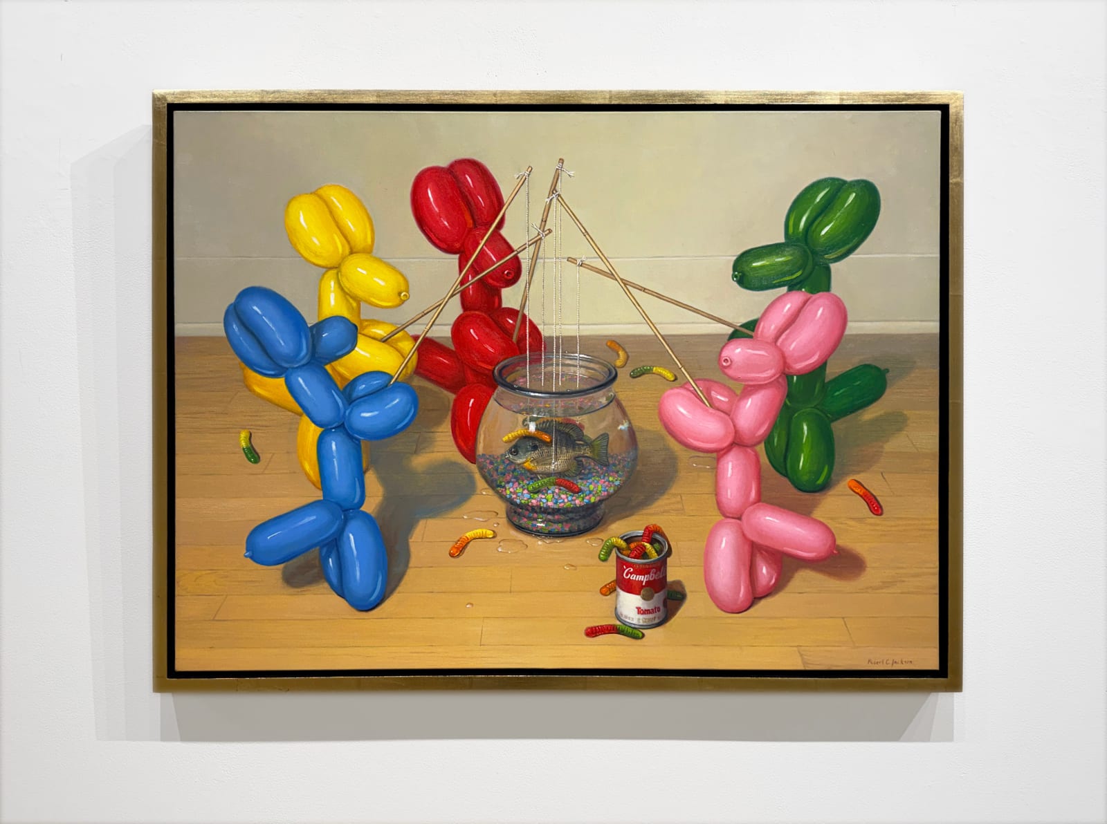 Painting of balloon dogs fishing