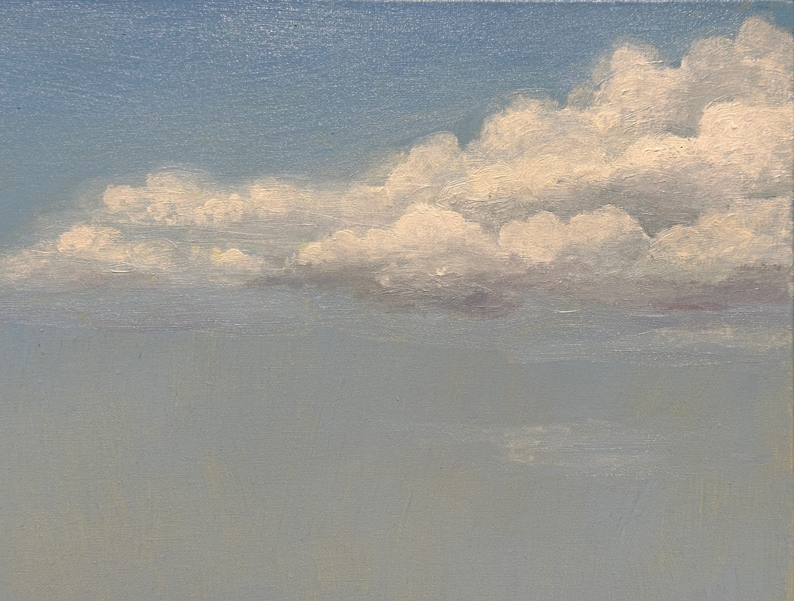 Painting of two colorful balloon dogs posed in front of window overlooking a beach scene