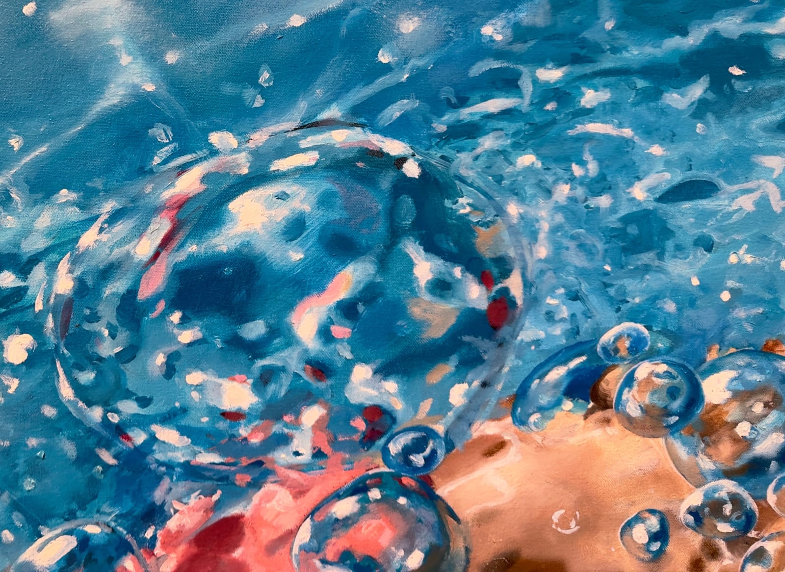 Painting of a woman on her back swimming