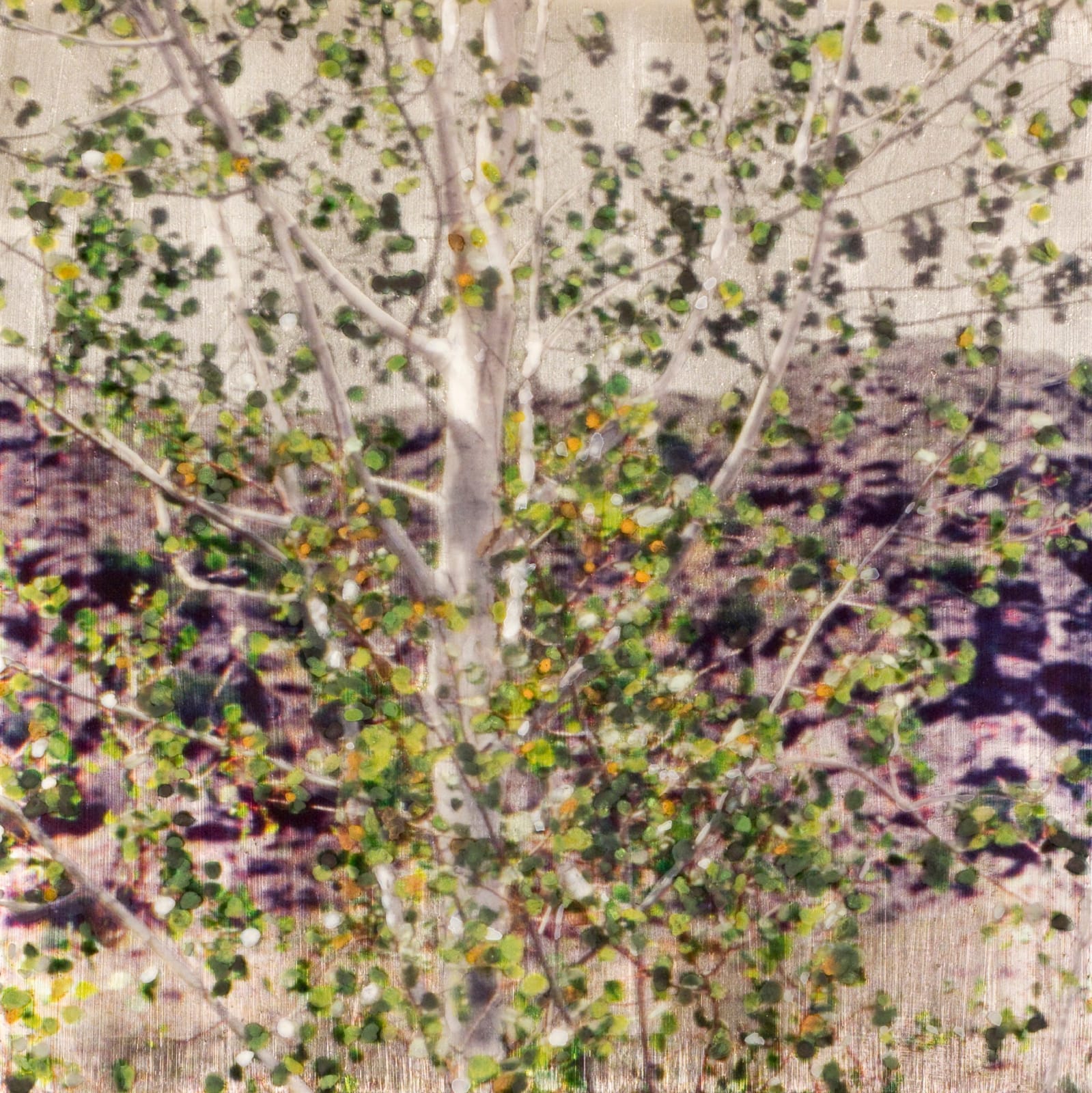 Mixed media work of Aged Silver Leaf with Pigment Print , Acrylic Paint, Metallic Watercolors and Resin on Wood Panel