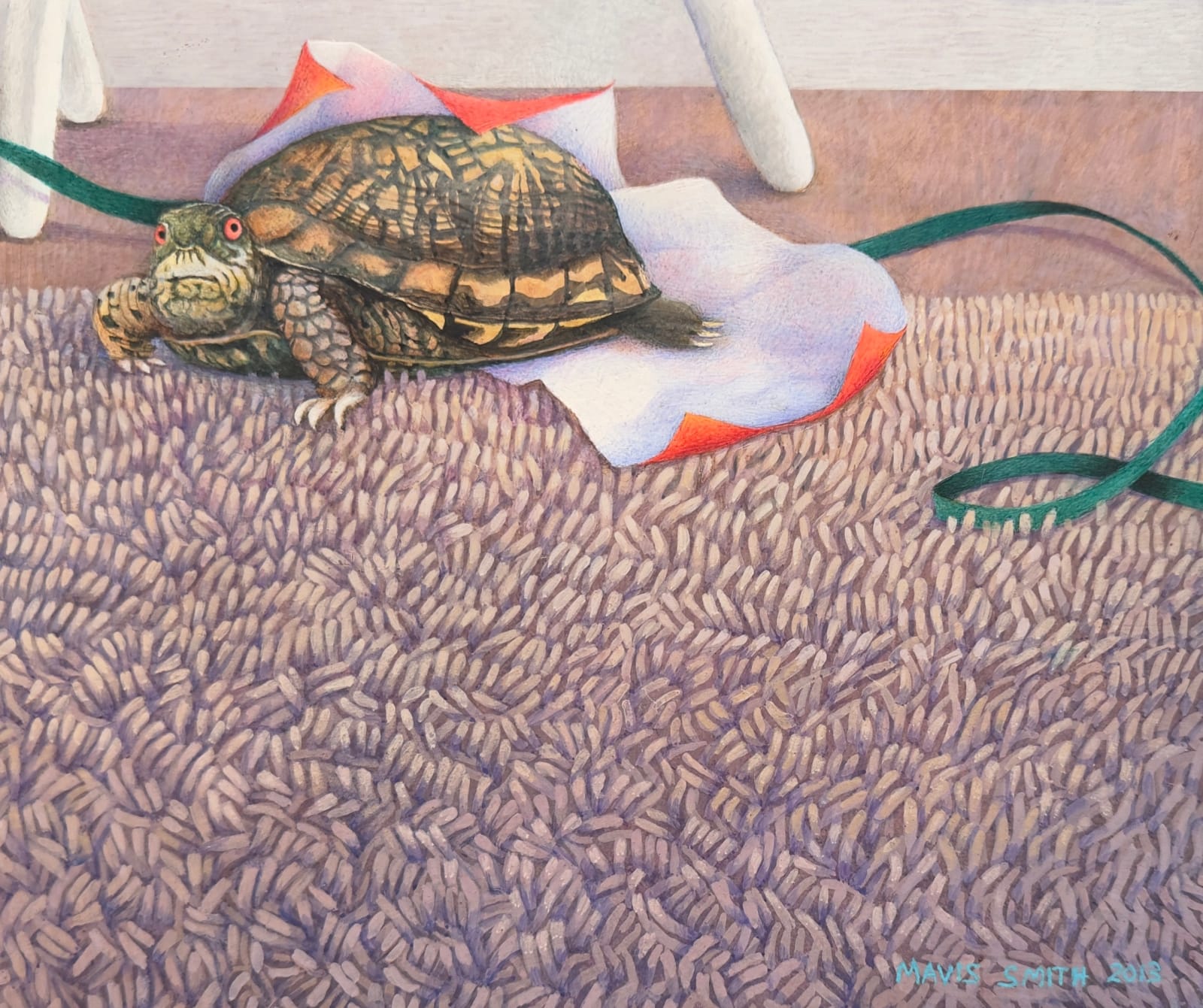 Painting of a woman sitting with a turtle by her feet