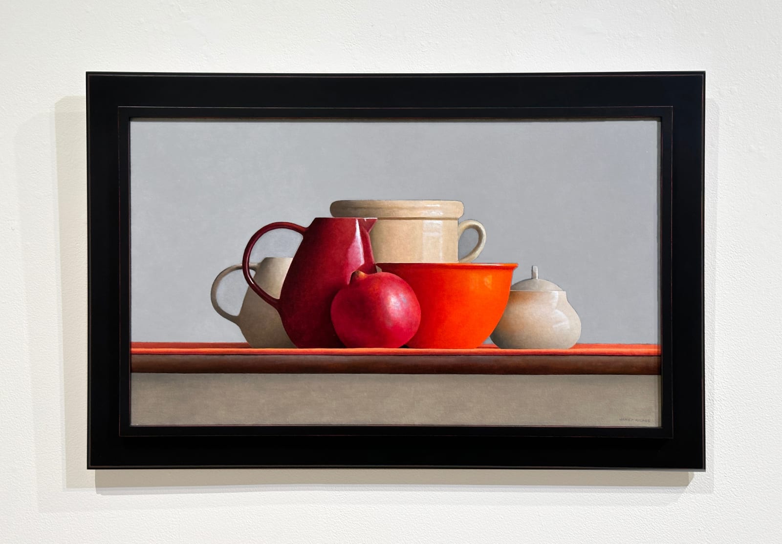 Still lIfe painting with white and red vessels and a pomegranate