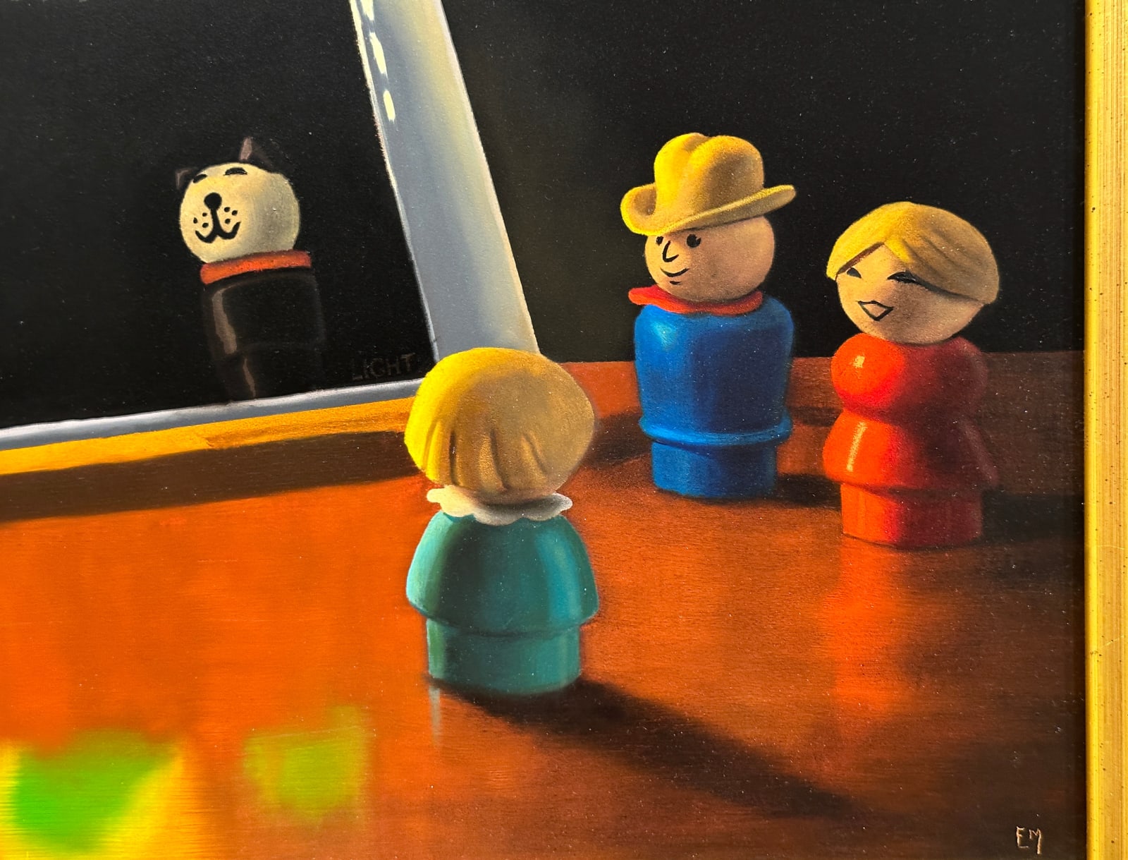 Painting of light bright board with toy figurines