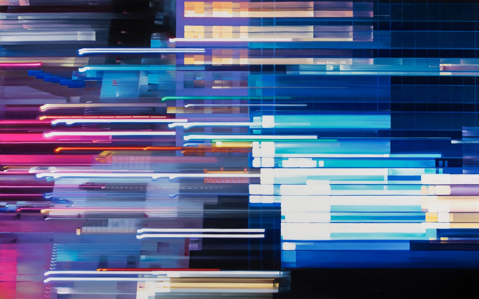 Oil painting of city street and building on linen