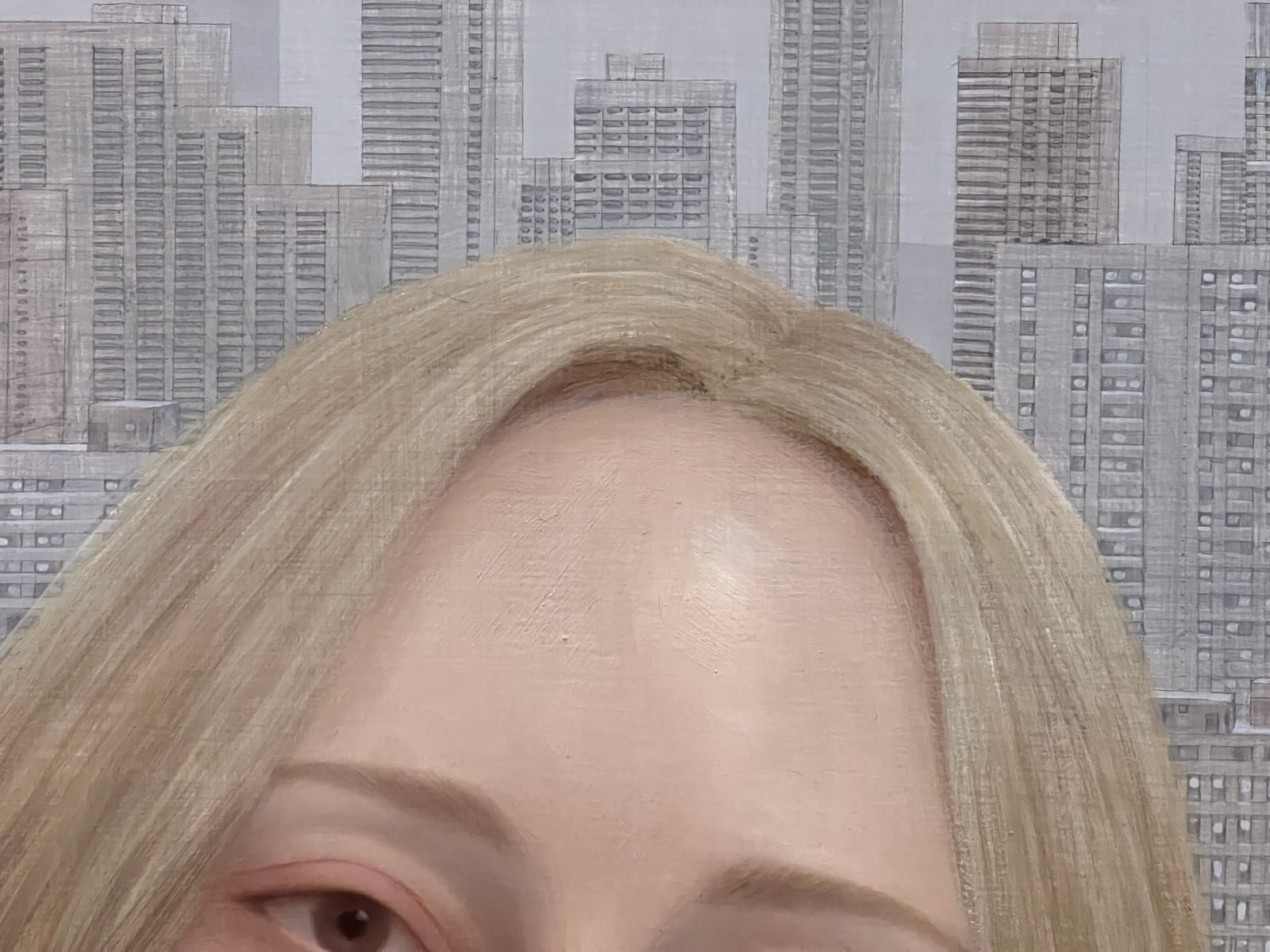 Oil painting on wood of blonde woman in red shirt with building in background
