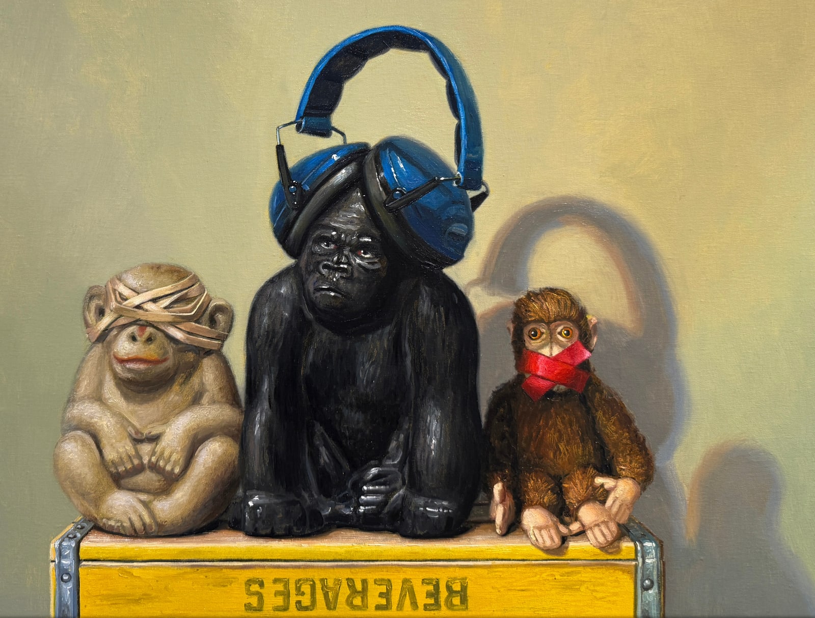 Still life painting of toys and soda boxes