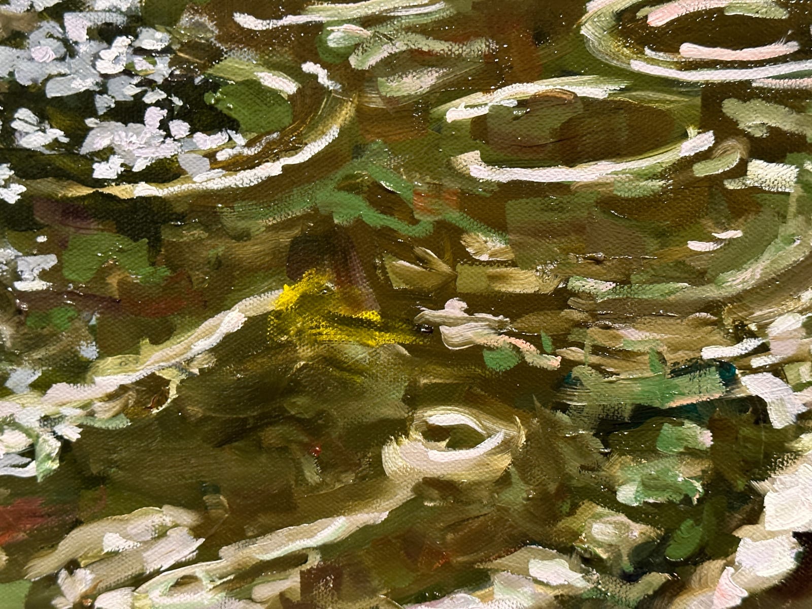 Painting of a rain puddle in the walkway of a park