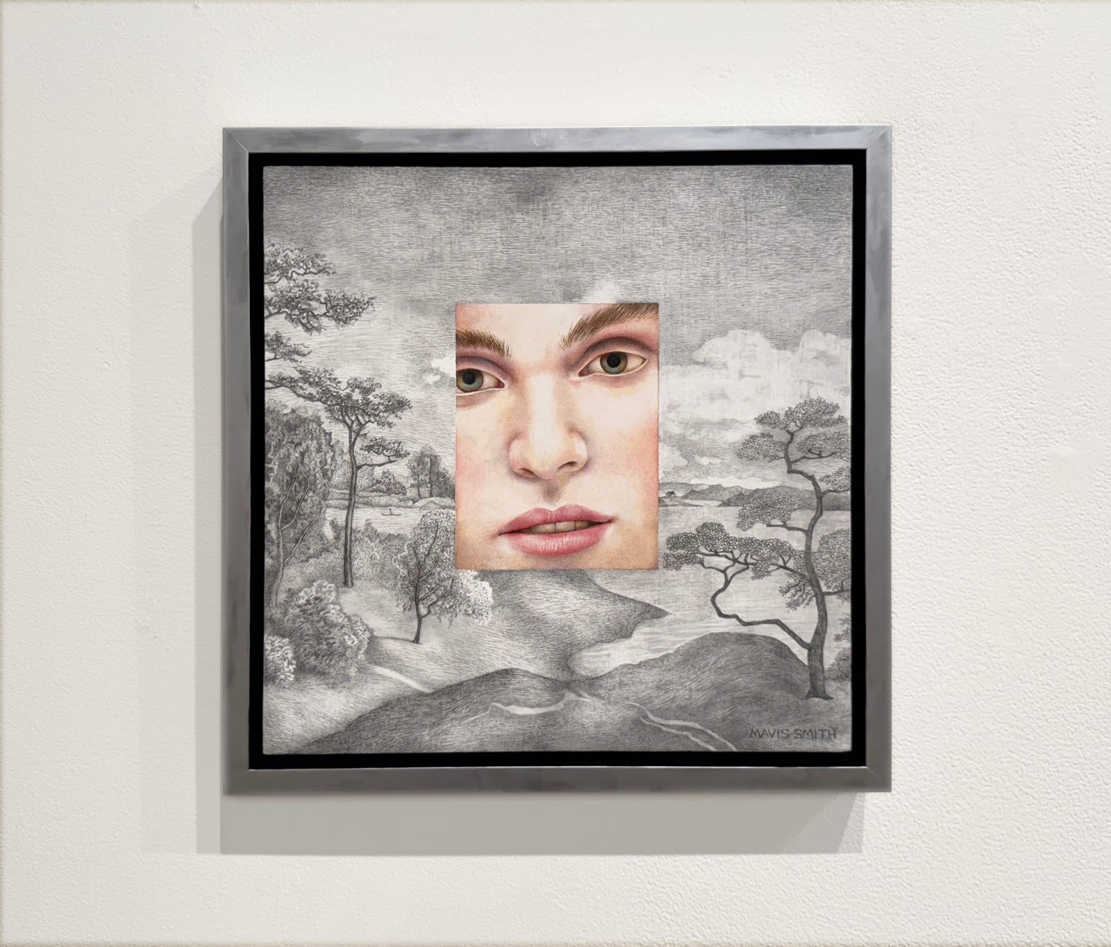 Painting of a face on a landscape background