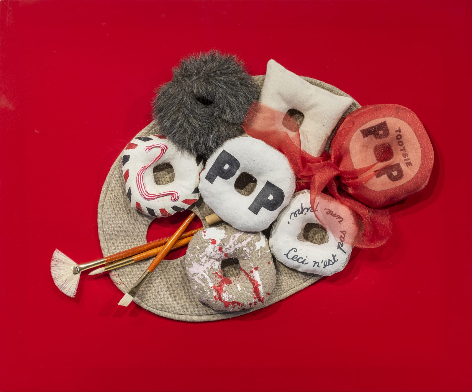 Jann Haworth, Donut Art History on Red Oil Skin, 2004